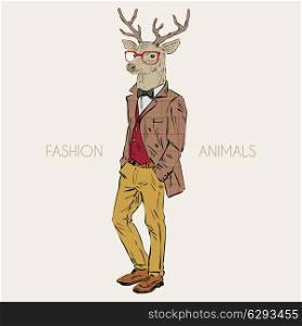 Anthropomorphic design of deer hipster. Hand drawn illustration of dressed up deer hipster