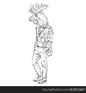 Anthropomorphic design of moose hipster. Hand drawn illustration of dressed up moose hipster