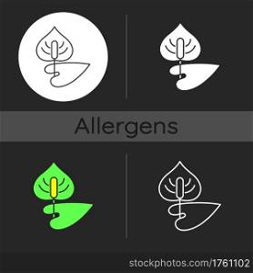 Anthurium dark theme icon. Flamingo flower. Blooming laceleaf. Cause of allergic reaction. Dangerous allergen. Linear white, simple glyph and RGB color styles. Isolated vector illustrations. Anthurium dark theme icon