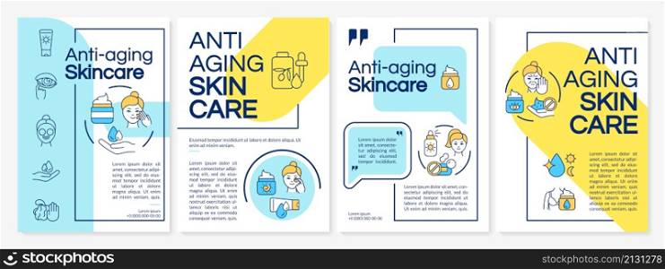Anti-aging skincare blue and yellow brochure template. Booklet print design with linear icons. Vector layouts for presentation, annual reports, ads. Questrial-Regular, Lato-Regular fonts used. Anti-aging skincare blue and yellow brochure template