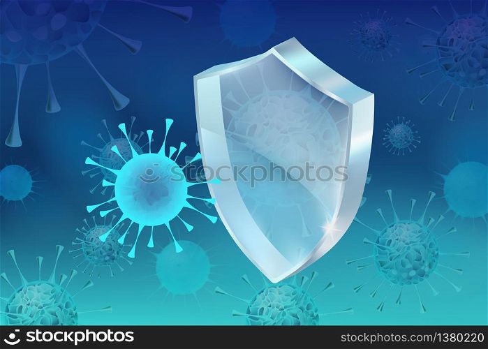 Anti coronavirus, covid-19 concept with the glossy shield, stop corona 2019-ncov background, pandemic struggle idea. Premium vector illustration.