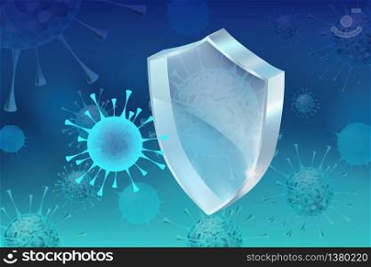 Anti coronavirus, covid-19 concept with the glossy shield, stop corona 2019-ncov background, pandemic struggle idea. Premium vector illustration.