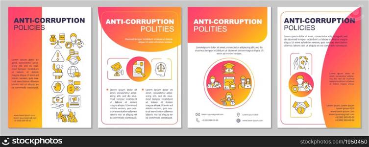 Anti corruption activities brochure template. Fraud control. Flyer, booklet, leaflet print, cover design with linear icons. Vector layouts for presentation, annual reports, advertisement pages. Anti corruption activitties brochure template