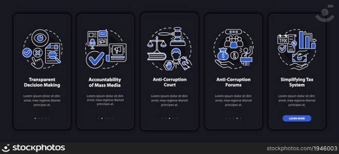 Anti corruption measures onboarding mobile app page screen. Transparency walkthrough 5 steps graphic instructions with concepts. UI, UX, GUI vector template with linear night mode illustrations. Anti corruption measures onboarding mobile app page screen