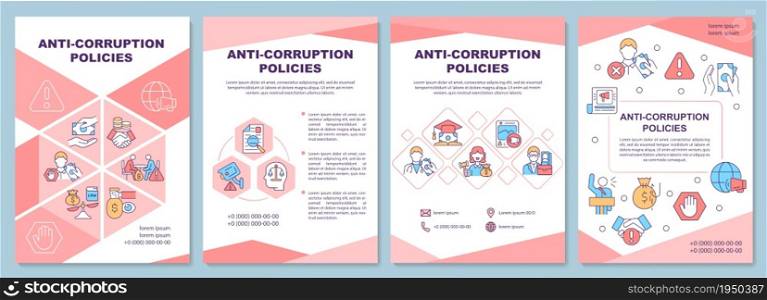 Anti corruption policies brochure template. Bribary prevention. Flyer, booklet, leaflet print, cover design with linear icons. Vector layouts for presentation, annual reports, advertisement pages. Anti corruption policies brochure template
