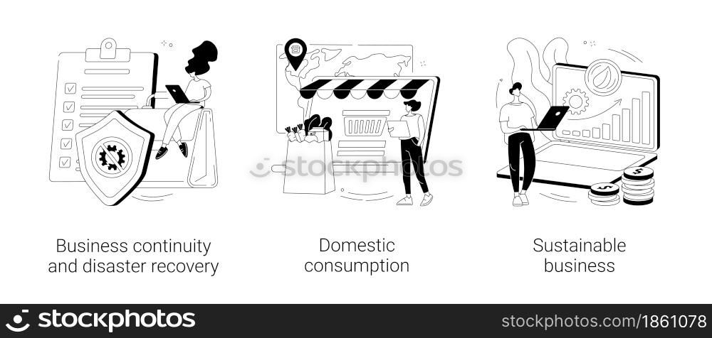 Anti-crisis strategy abstract concept vector illustration set. Business continuity, disaster recovery, domestic consumption, sustainable business, economics, risk management abstract metaphor.. Anti-crisis strategy abstract concept vector illustrations.