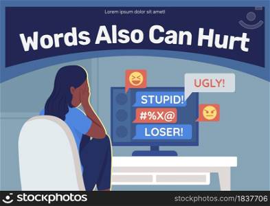 Anti cyberbullying poster flat vector template. Teen problem. Brochure, booklet one page concept design with cartoon characters. Social media harassment flyer, leaflet with copy space. Anti cyberbullying poster flat vector template