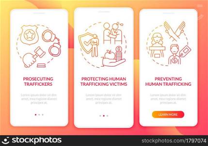 Anti-exploitation policy onboarding mobile app page screen. Ban slavery walkthrough 3 steps graphic instructions with concepts. UI, UX, GUI vector template with linear color illustrations. Anti-exploitation policy onboarding mobile app page screen