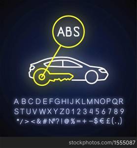 Anti lock system neon light icon. Safe driving, automobile security measure, safety precaution. Outer glowing effect. Sign with alphabet, numbers and symbols. Vector isolated RGB color illustration. Anti lock system neon light icon
