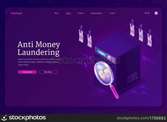 Anti money laundering banner. AML concept, prevent illegal business, financial crime, bribes and corruption. Vector landing page with isometric washing machine with cash and paper currency on rope. Vector banner of AML, anti money laundering