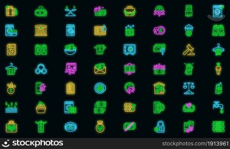 Anti-money laundry icons set. Outline set of Anti-money laundry vector icons neon color on black. Anti-money laundry icons set vector neon