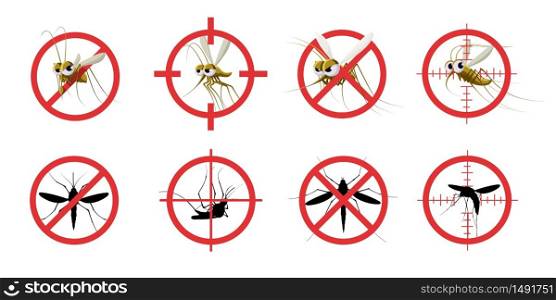 Anti mosquito sign. Informational red prohibited mosquito target, signaling stop gnat bite dangerous infection, sanitation care. Vector set of anti insect, pest stop, mosquito and gnat illustration. Anti mosquito sign. Informational red prohibited mosquito target, signaling stop gnat bite dangerous infection, sanitation care. Vector set
