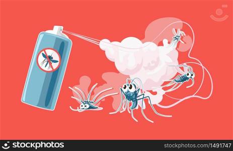 Anti mosquito spray. Scared and dead mosquitoes, sprayed insecticide poison cloud and summer insect protection spray bottle cartoon vector illustration. Anti spray insect, mosquito repellent. Anti mosquito spray. Scared and dead mosquitoes, sprayed insecticide poison cloud and summer insect protection spray bottle cartoon vector illustration