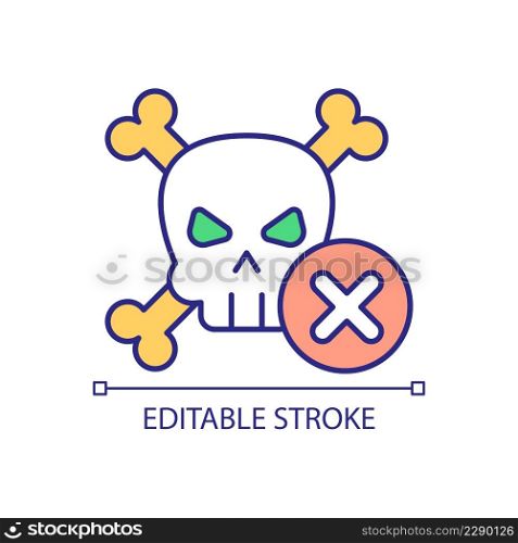 Anti-piracy control RGB color icon. Skull, bones and rejection sign. Stop toxic waste and pollution. Isolated vector illustration. Simple filled line drawing. Editable stroke. Arial font used. Anti-piracy control RGB color icon