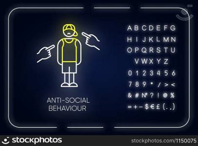Anti-social behaviour neon light icon. Harassment and bullying. Teenager depression. Agressive public. Mental disorder. Glowing sign with alphabet, numbers and symbols. Vector isolated illustration