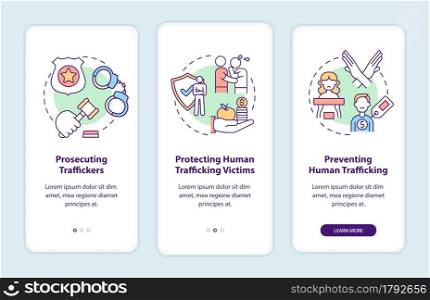 Anti-trafficking policy elements onboarding mobile app page screen. Social measures walkthrough 3 steps graphic instructions with concepts. UI, UX, GUI vector template with linear color illustrations. Anti-trafficking policy elements onboarding mobile app page screen
