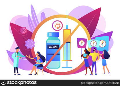 Anti-vaccination protest, people rejecting preventive medicine. Vaccine refusal, mandatory immunization, vaccination hesitancy concept. Bright vibrant violet vector isolated illustration. Refusal of vaccination concept vector illustration.