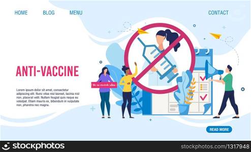 Anti-Vaccine and Mandatory Immunization Protest Refusal Design Flat Landing Page. Cartoon People Characters Rejecting Preventive Medicine. Anti Vaccination Movement. Vector Illustration. Anti-Vaccine Protest Design Flat Landing Page