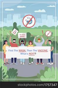 Anti-vaccine movement poster flat vector template. Activists protest during covid. Brochure, booklet one page concept design with cartoon characters. Anti-vax campaign. flyer, leaflet. Anti-vaccine movement poster, banner flat vector template