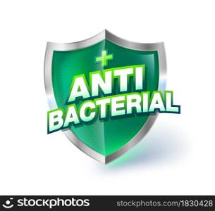 Antibacterial Green Clear Crystal Glass Shield. Antibacterial, virus and germ protection symbols accompanying hygiene advertisements.