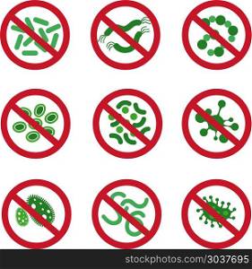 Antibacterial icons with germ. Bacteria kill vector symbol. Control infection signs. Antibacterial icons with germ. Bacteria kill vector symbol. Control infection signs. Set of antibacterial symbol and illustration of antibacterial ban
