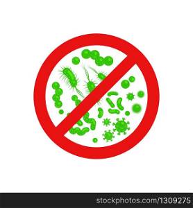 Antibacterial sign. Stop bacteria red alert circle with germs. Vector illustration for your design.