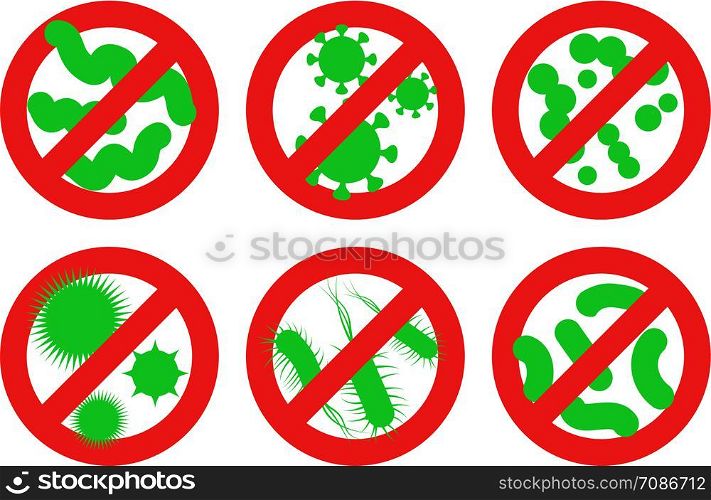Antibacterial sign. Stop bacteria red alert circle with germs. Vector illustration for your design.