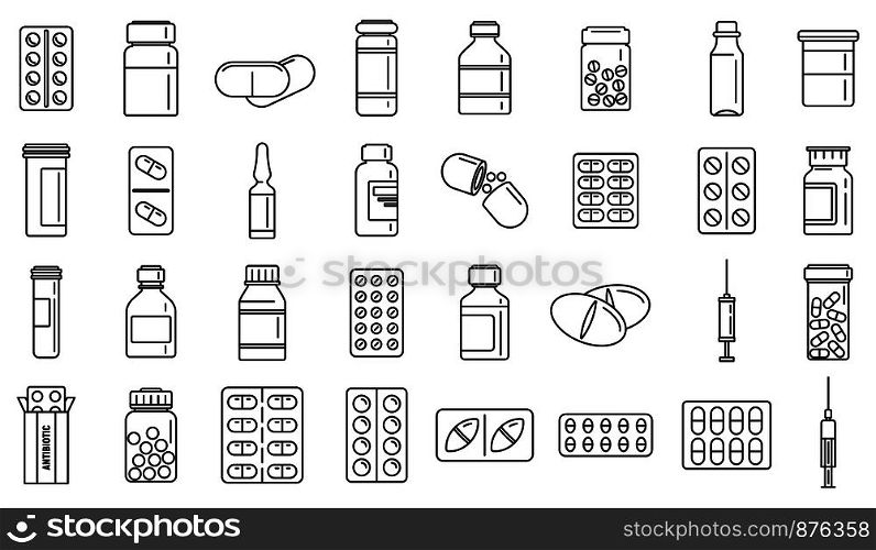 Antibiotic drug icons set. Outline set of antibiotic drug vector icons for web design isolated on white background. Antibiotic drug icons set, outline style