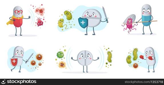 Antibiotic fight bacteria and virus. Strong antibiotics pills with shield protect from bacterias, medical pill vs viruses vector cartoon illustration set. Medical antibiotic character care with shield. Antibiotic fight bacteria and virus. Strong antibiotics pills with shield protect from bacterias, medical pill vs viruses vector cartoon illustration set
