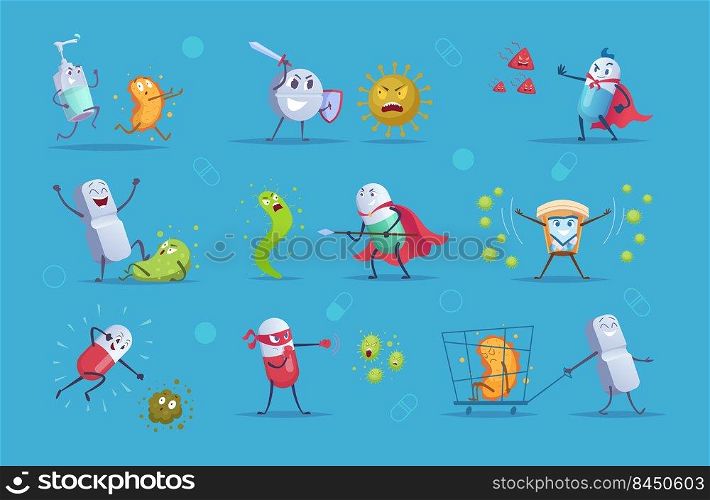 Antibiotic fighters. Healthy medical concept antibiotic characters destroyed viruses treatment exact vector cartoon persons in action poses. Medical virus disease, coronavirus fighter illustration. Antibiotic fighters. Healthy medical concept antibiotic characters destroyed viruses treatment exact vector cartoon persons in action poses