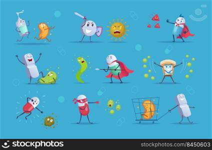 Antibiotic fighters. Healthy medical concept antibiotic characters destroyed viruses treatment exact vector cartoon persons in action poses. Medical virus disease, coronavirus fighter illustration. Antibiotic fighters. Healthy medical concept antibiotic characters destroyed viruses treatment exact vector cartoon persons in action poses
