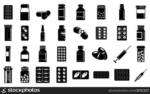 Antibiotic pills icons set. Simple set of antibiotic pills vector icons for web design on white background. Antibiotic pills icons set, simple style