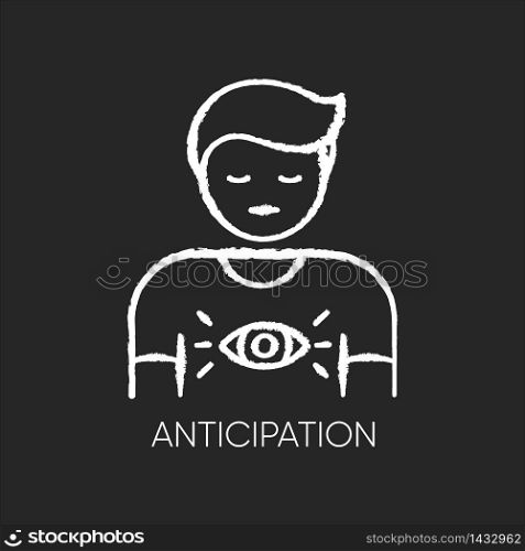 Anticipation chalk white icon on black background. Man expecting future. Person with intuitive prediction. Third eye. Spiritual experience. Mental state. Isolated vector chalkboard illustration. Anticipation chalk white icon on black background