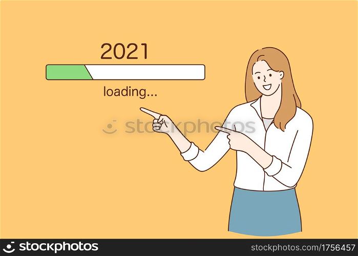 Anticipation, Waiting for better 2021 New year concept. Joyful young pretty woman pointing with finger at 2021 downloading process over yellow background awaiting for better news vector illustration . Anticipation, Waiting for better 2021 New year concept