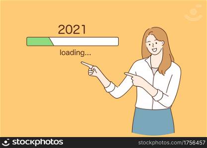 Anticipation, Waiting for better 2021 New year concept. Joyful young pretty woman pointing with finger at 2021 downloading process over yellow background awaiting for better news vector illustration . Anticipation, Waiting for better 2021 New year concept
