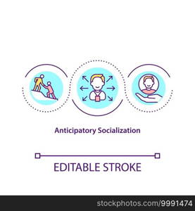 Anticipatory socialization concept icon. Social interaction in office. Employee adaptation. New worker idea thin line illustration. Vector isolated outline RGB color drawing. Editable stroke. Anticipatory socialization concept icon