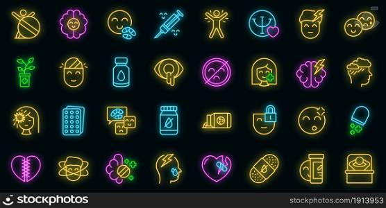 Antidepressant icons set. Outline set of antidepressant vector icons neon color on black. Antidepressant icons set vector neon