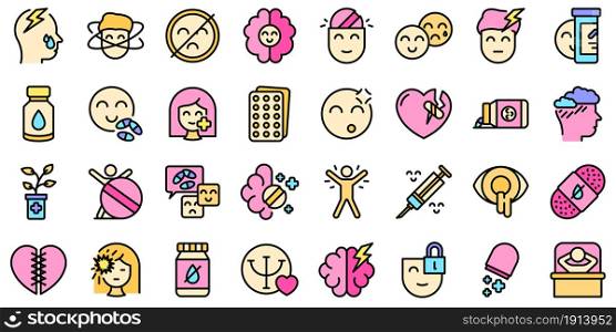Antidepressant icons set. Outline set of antidepressant vector icons thin line color flat isolated on white. Antidepressant icons set line color vector