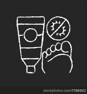 Antifungal cream chalk white icon on dark background. Fighting fungal infections. Skin condition treatment. Itching sensation on relief. Isolated vector chalkboard illustration on black. Antifungal cream chalk white icon on dark background