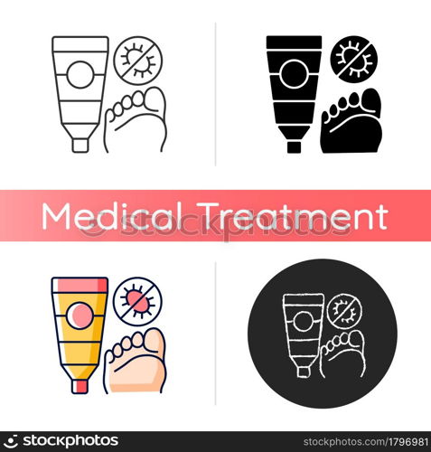Antifungal cream icon. Fighting fungal infections. Skin condition treatment. Itching, burning sensations on relief. Antiseptic ability. Linear black and RGB color styles. Isolated vector illustrations. Antifungal cream icon