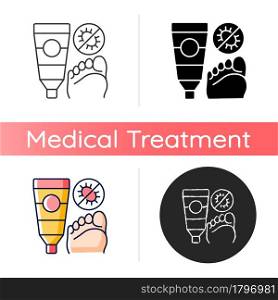 Antifungal cream icon. Fighting fungal infections. Skin condition treatment. Itching, burning sensations on relief. Antiseptic ability. Linear black and RGB color styles. Isolated vector illustrations. Antifungal cream icon