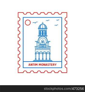 ANTIM MONASTERY postage stamp Blue and red Line Style, vector illustration