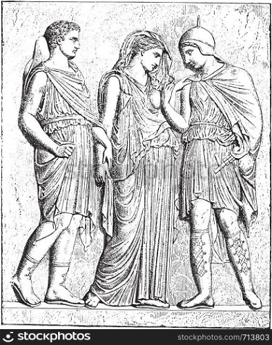 Antiope and his son (bas-relief in the Louvre), vintage engraved illustration.
