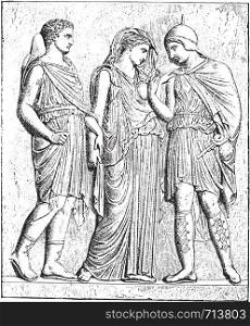 Antiope and his son (bas-relief in the Louvre), vintage engraved illustration.