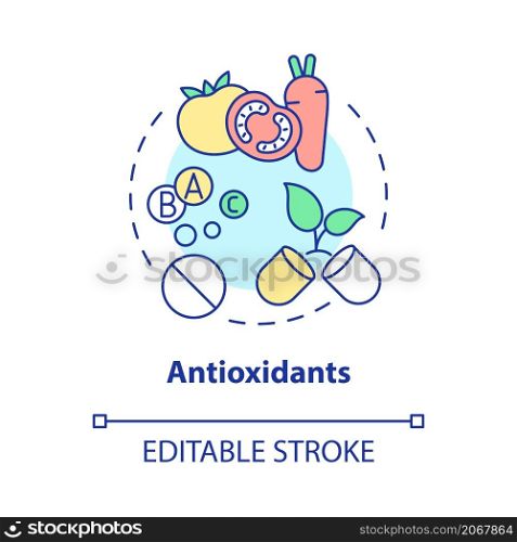 Antioxidants concept icon. Keep diet for healthcare. Fitness supplements abstract idea thin line illustration. Isolated outline drawing. Editable stroke. Roboto-Medium, Myriad Pro-Bold fonts used. Antioxidants concept icon