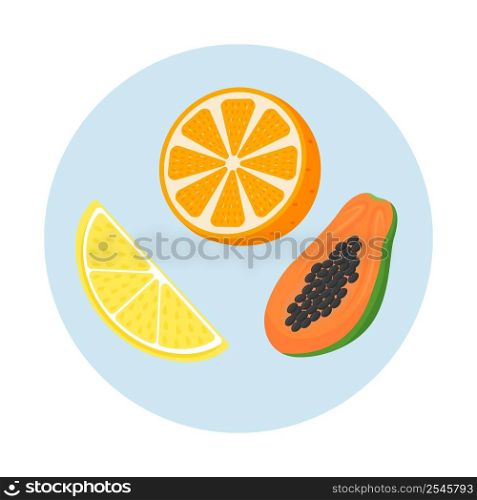 Antioxidants food sources semi flat color vector objects icon. Healthy citrus fruits and papaya. Full sized items on white. Simple cartoon style illustration for web graphic design and animation. Antioxidants food sources semi flat color vector objects icon