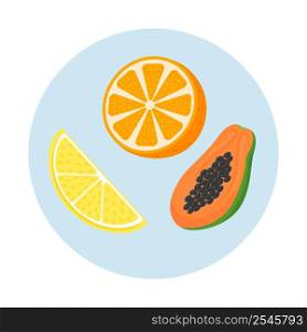 Antioxidants food sources semi flat color vector objects icon. Healthy citrus fruits and papaya. Full sized items on white. Simple cartoon style illustration for web graphic design and animation. Antioxidants food sources semi flat color vector objects icon