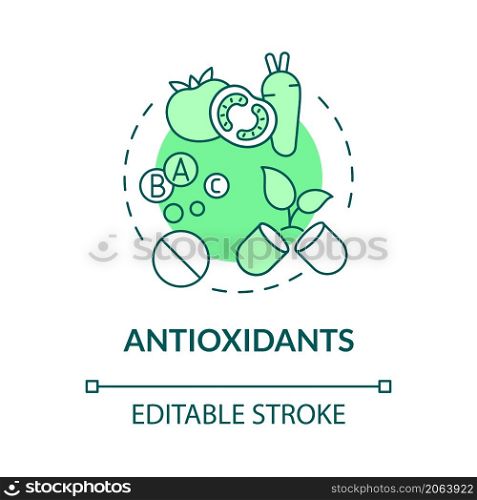 Antioxidants green concept icon. Diet for wellbeing. Fitness supplements abstract idea thin line illustration. Isolated outline drawing. Editable stroke. Roboto-Medium, Myriad Pro-Bold fonts used. Antioxidants green concept icon