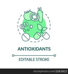 Antioxidants green concept icon. Diet for wellbeing. Fitness supplements abstract idea thin line illustration. Isolated outline drawing. Editable stroke. Roboto-Medium, Myriad Pro-Bold fonts used. Antioxidants green concept icon