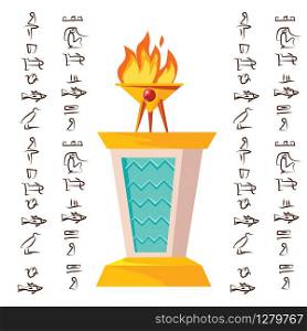 Antique altar or table for religious offering with burning sacrificial fire and Egyptian hieroglyphs, cartoon vector illustration, graphical user interface for game design isolated on white background. Antique altar for religious offering and burn fire
